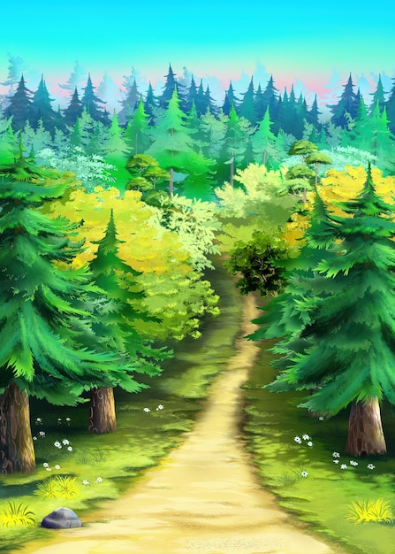 Caminho da floresta em uma ilustração de dia de verão