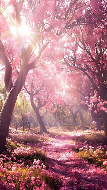 Caminho das flores de cerejeira iluminado pelo sol