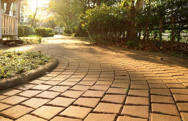 Caminho de bloco de pedra curva de jardim à luz do sol suave