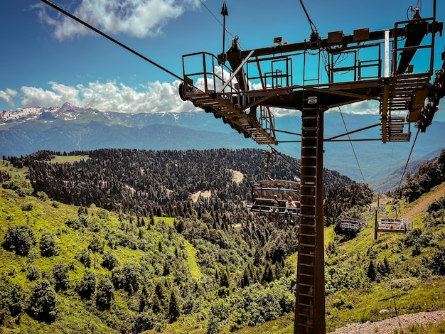 caminho de corda ou cabines de cabo com pessoas contra vale verde e topos de montanhas Rosa Khutor Soschi