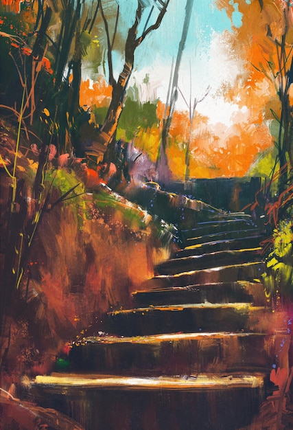 caminho de escada de pedra na floresta de outono, pintura de ilustração