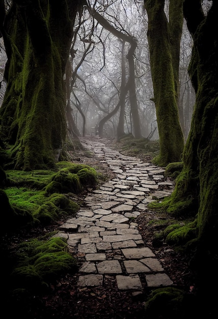 Caminho de floresta onírica com pedras e musgo