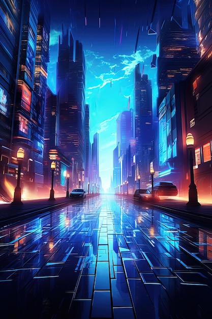 caminho de imagem vertical scifi virtual poligonal futurista rua noturna de néon com pavimento refletor