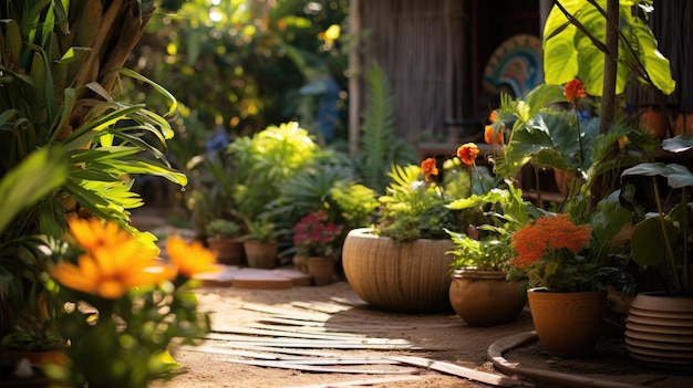 Caminho de jardim iluminado pelo sol com plantas em vasos exuberantes e flores vibrantes