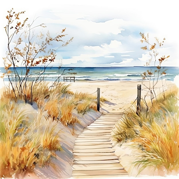 Caminho de madeira para a praia de areia e o mar Ilustração a aquarela