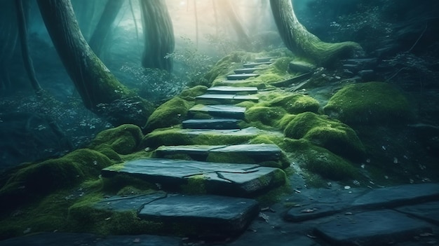 caminho de pedra em uma floresta mística de fantasia