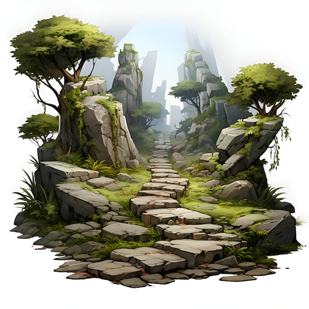 Caminho de pedra na selva Ilustração em fundo branco.