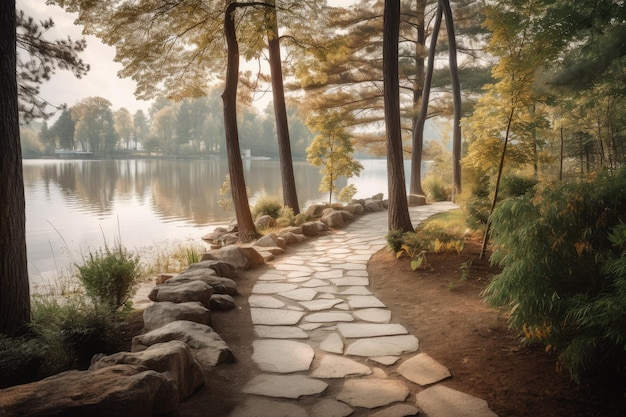 Caminho de pedra natural sinuoso entre árvores levando a um lago sereno criado com ai generativo