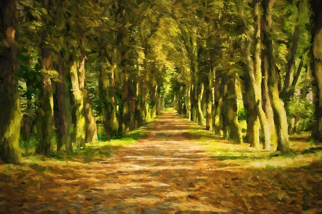 Caminho de pintura a óleo através da floresta de outono