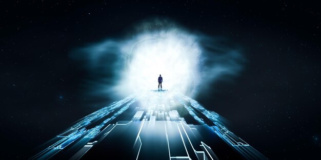 Foto caminho de sci fi abstrato escuro com espaço sideral em segundo plano homem de pé com raios de luz brilhantes