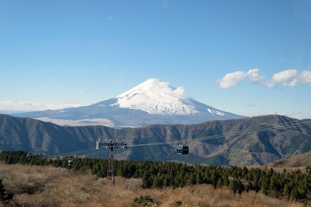 Caminho de teleférico para as montanhas no Japão