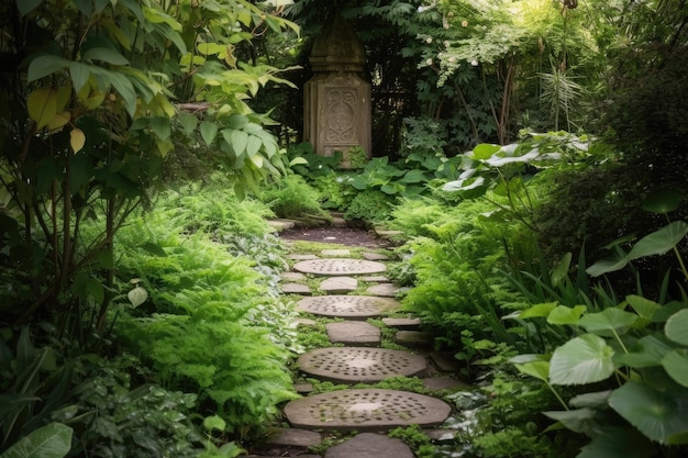 Caminho de trampolim que leva a um jardim secreto cercado por uma vegetação luxuriante