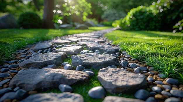 Caminho do jardim de pedras com grama crescendo entre as pedras Detalhe do jardim botânico