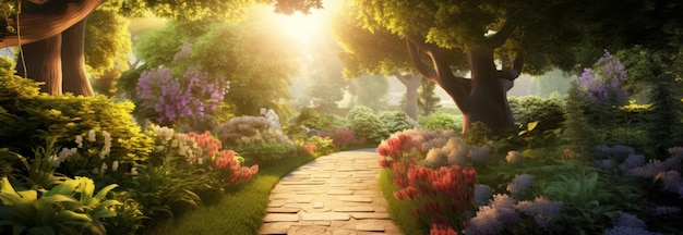 Caminho do jardim na luz da manhã3d renderização e ilustração