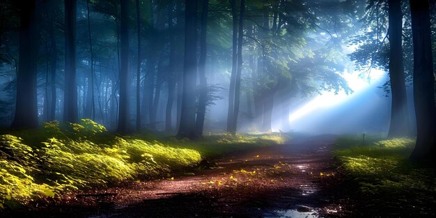 Caminho encantador da floresta com raios de sol orvalho e torres de carvalho conceito de floresta encantadora raios de Sol orvalho gotas de orvalho torres de natureza fotografia