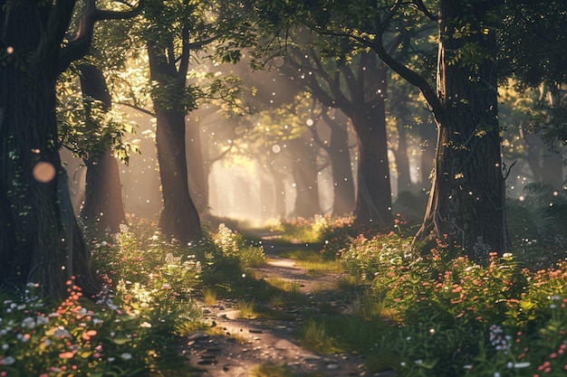 Caminho encantador da floresta salpicado de luz solar