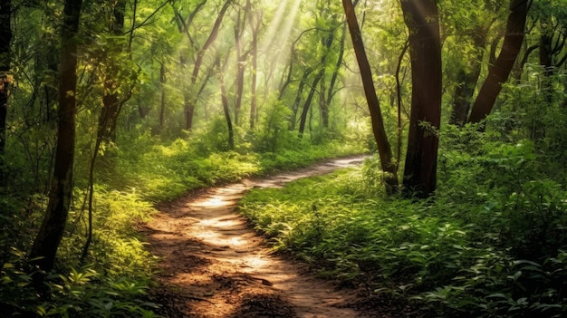 Caminho encantador na floresta com luz solar manchada filtrando através das árvores gerada pela IA