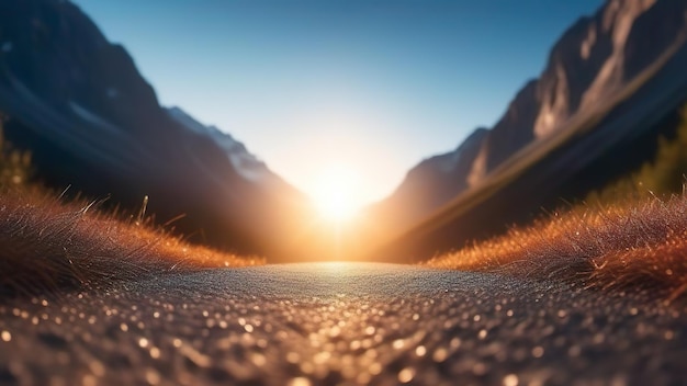 Caminho entre as montanhas com o sol a pôr-se ao fundo