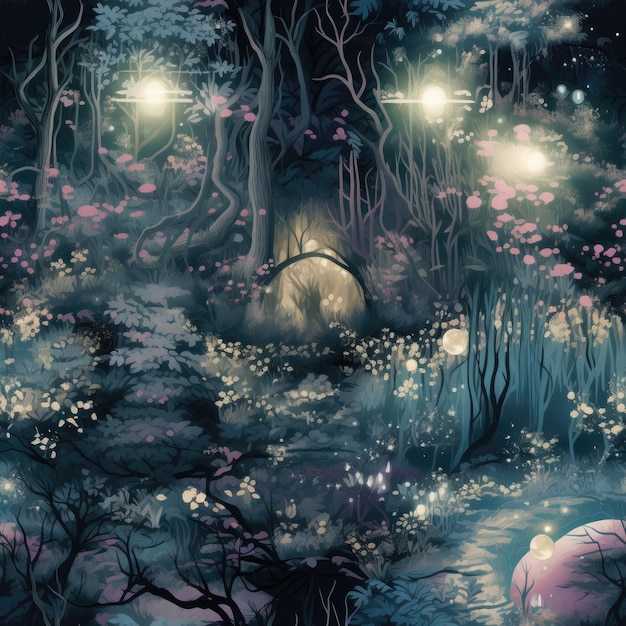 Caminho etéreo iluminado pela lua através de um jardim mágico