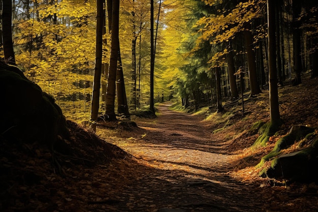 Caminho iluminado pelo sol através de uma colorida floresta de outono