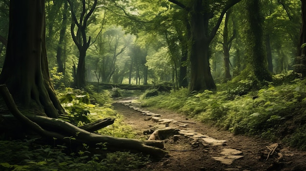 Caminho iluminado pelo sol na floresta, um campo místico inglês