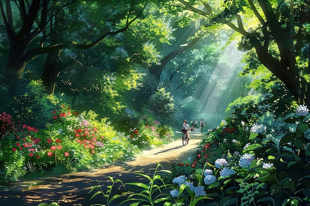 Caminho iluminado pelo sol num jardim exuberante