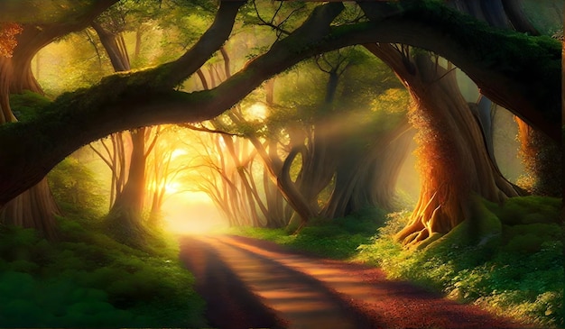 Caminho mágico da floresta e túnel de árvores ao nascer do sol na primavera