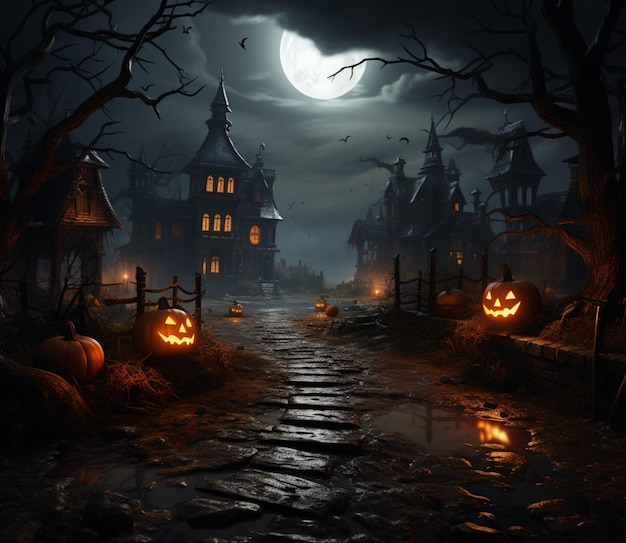 Caminho misterioso Casa na colina assombrada Cemitério de abóboras Viagem ilustrada de Halloween Para Social Medi