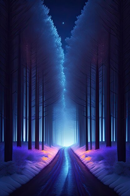 Caminho misterioso na floresta de inverno à meia-noite Silhuetas de árvores no escuro Arte digital