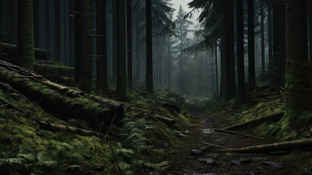 Caminho místico da floresta envolto em nevoeiro