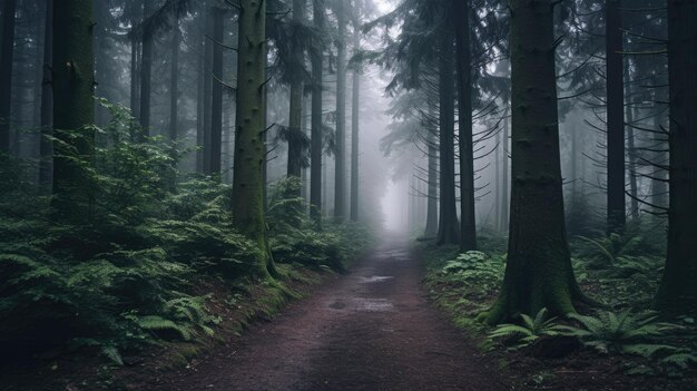 Caminho místico da floresta na névoa para projetos temáticos da natureza atmosférica