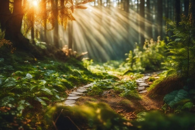 Caminho na floresta com luz solar