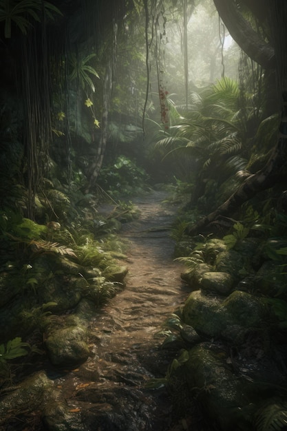 Caminho na floresta tropical com árvores e samambaias no chão