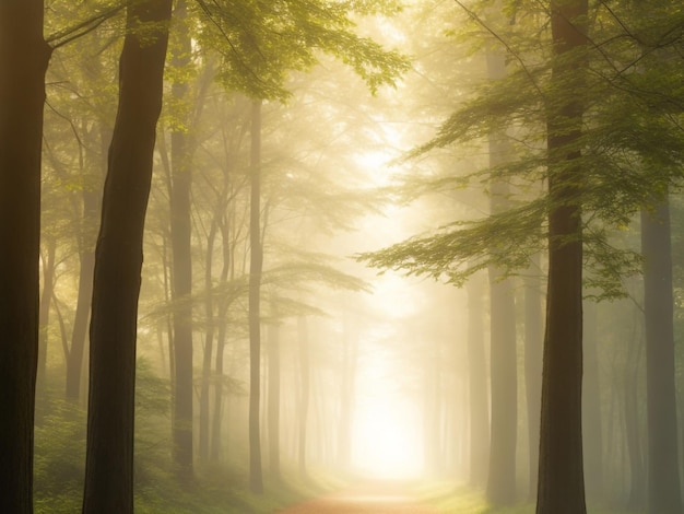 Caminho nebuloso da floresta com a luz do sol atravessando árvores altas