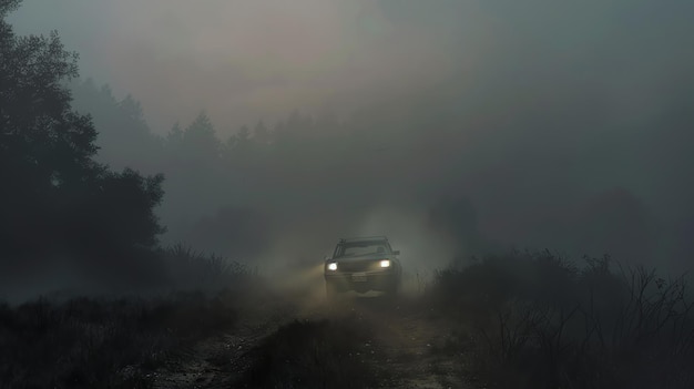 Foto caminho nebuloso um carro sozinho atravessa um denso nevoeiro o motorista mal consegue ver a estrada à frente