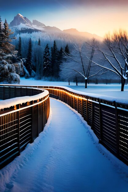 Foto caminho nevado iluminado em um parque em uma noite fria de inverno visual realista de alta resolução ultra hd