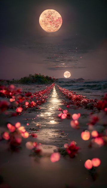 Caminho no meio de um campo de flores com lua cheia ao fundo generativo ai