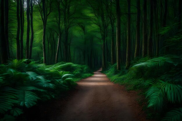 Caminho no meio de uma floresta com árvores grandes e verdes de folhas realistas