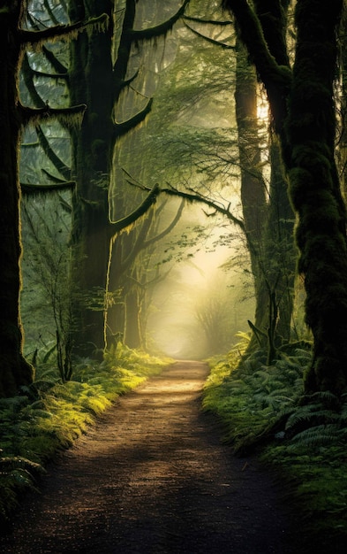 Caminho pacífico da floresta ao amanhecer