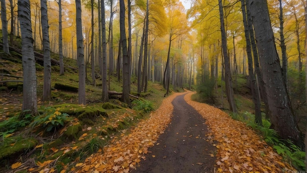 Caminho pacífico da floresta em cores de outono