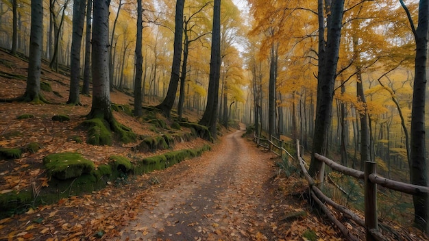 Caminho pacífico da floresta em cores de outono