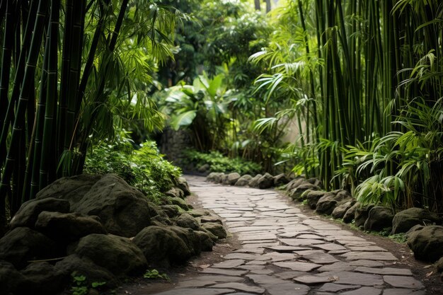 Caminho pacífico que leva através de uma floresta de bambu cativante e exuberante em perfeita harmonia com a natureza