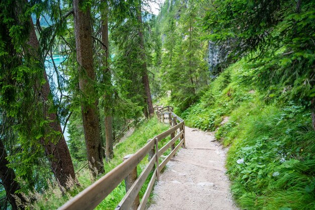 Foto caminho para caminhar ao redor do lago braies ou pragser wildsee nas dolomitas, tirol do sul, itália