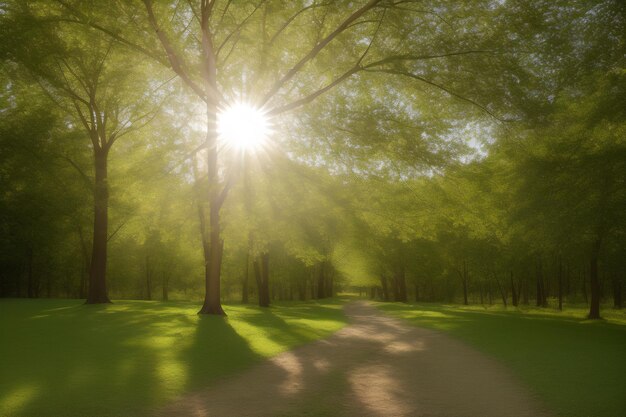 caminho para fotos no meio das árvores de folhas verdes com o sol brilhando por entre os galhos