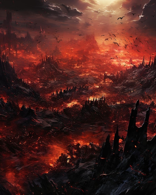 Caminho para o inferno fantasia surreal pintura cena de guerra morte medieval e heavy metal