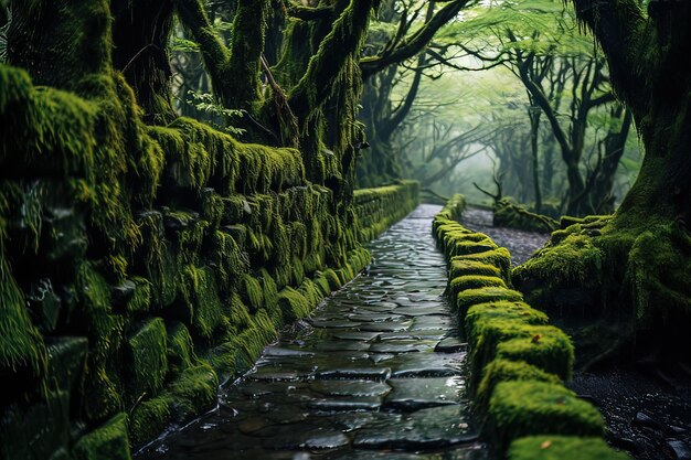 Foto caminho pavimentado através de um canal da floresta de musgo