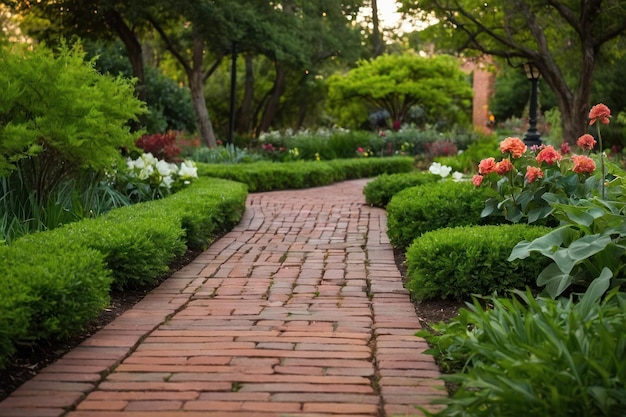 Caminho pavimentado serpenteando através de um jardim exuberante