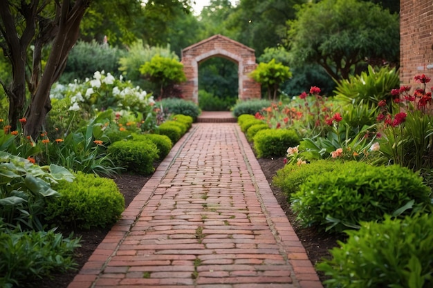 Caminho pavimentado serpenteando através de um jardim exuberante