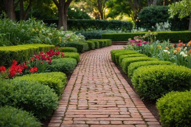 Caminho pavimentado serpenteando através de um jardim exuberante