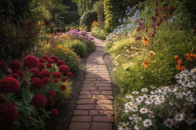 Caminho que conduz através do jardim com flores coloridas em flor